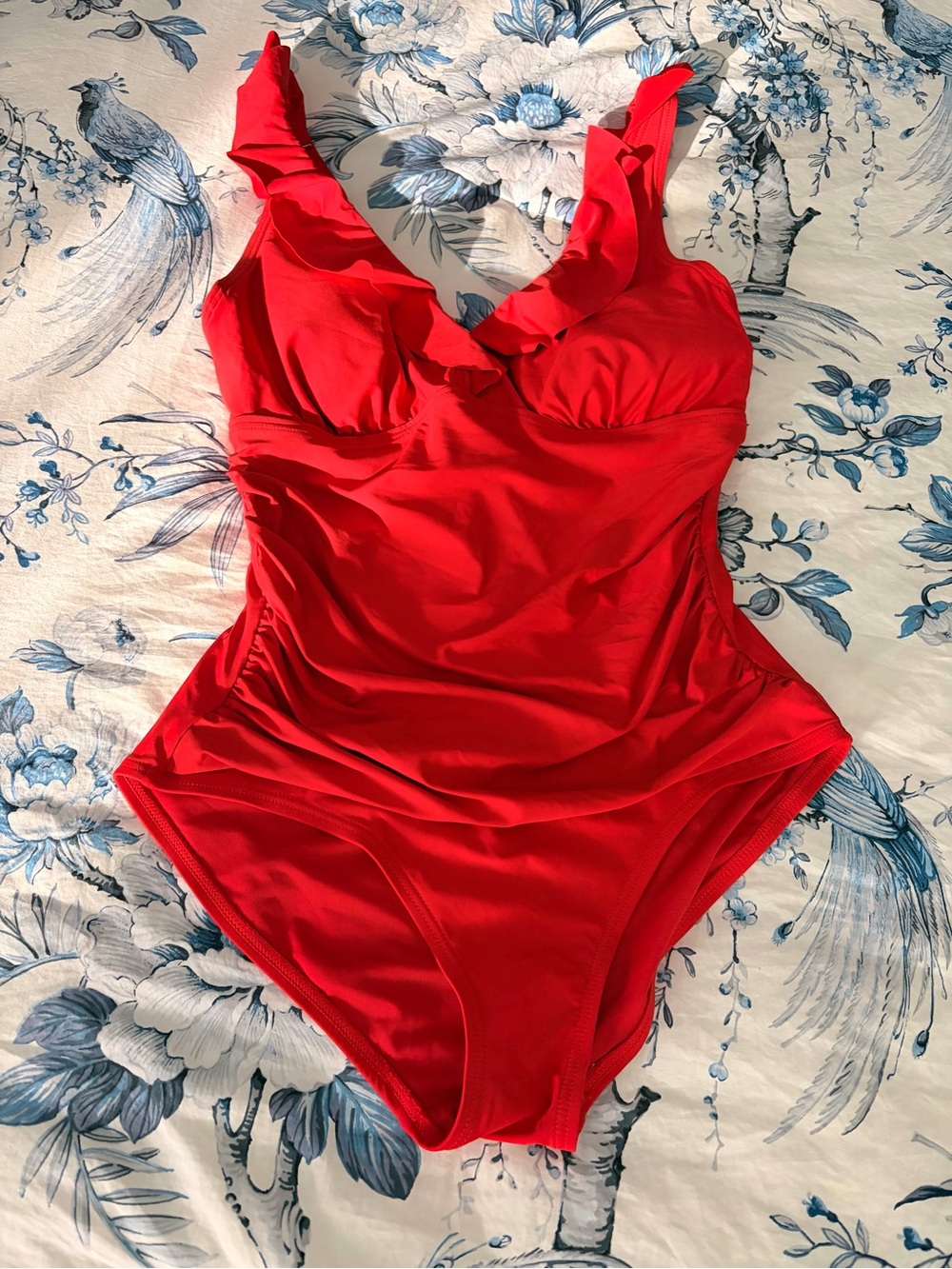 DKNY bright red ruffled trim one piece swimsuit Sz M